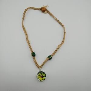 Glass Flower Power Pendant Macramé Necklace 90's Y2K Surfer Boho Hippie